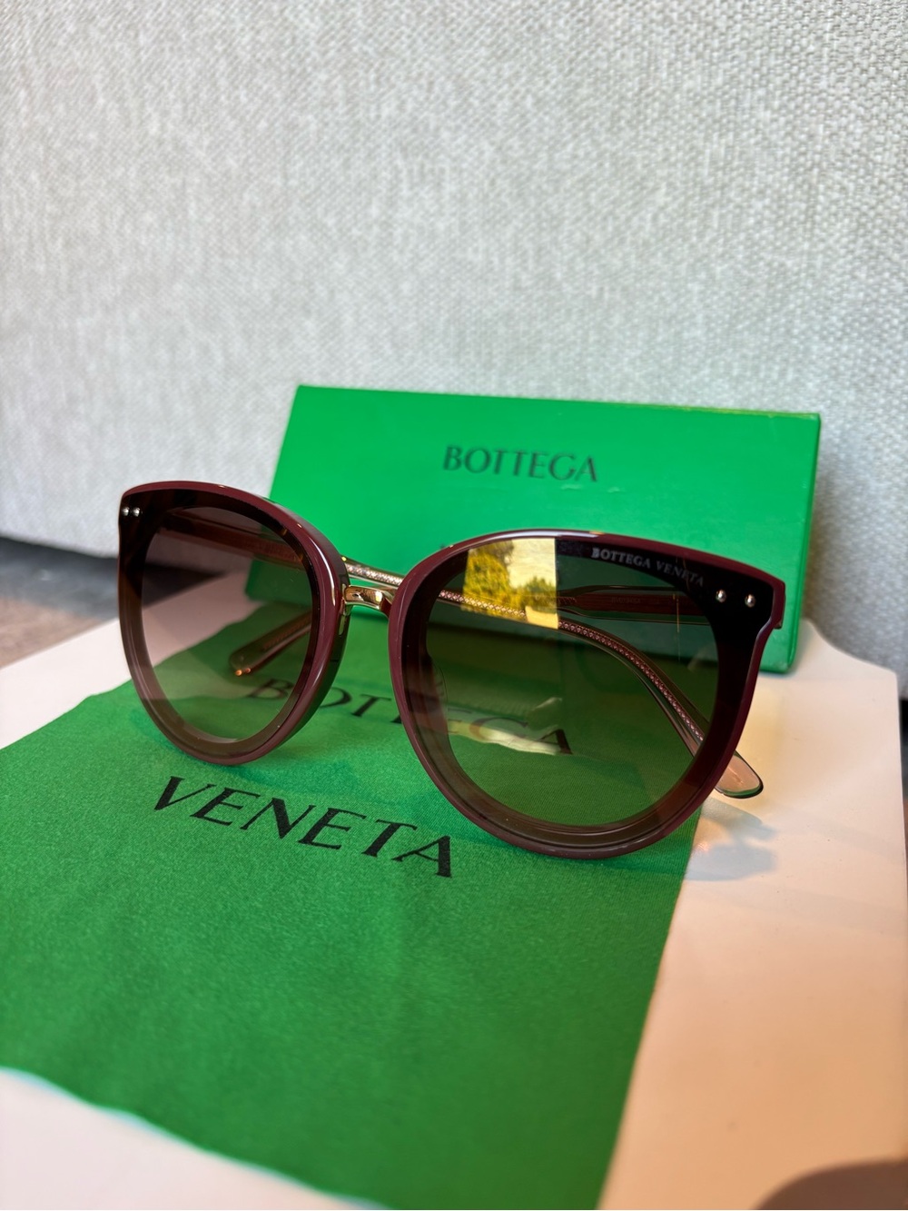 Bottega Veneta Burgundy Frame Sunglasses with Green Lenses and Gold Accents